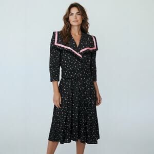 Vintage S.L. Fashions Black Floral Belted Dress with Oversized Collar SZ 14